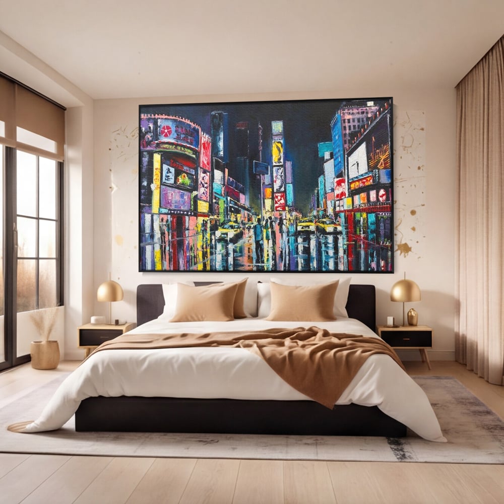 Tablou canvas cu tablou canvas cu peisaj urban nocturn din new york, in rama de aluminiu negru, pe perete intr-un dormitor